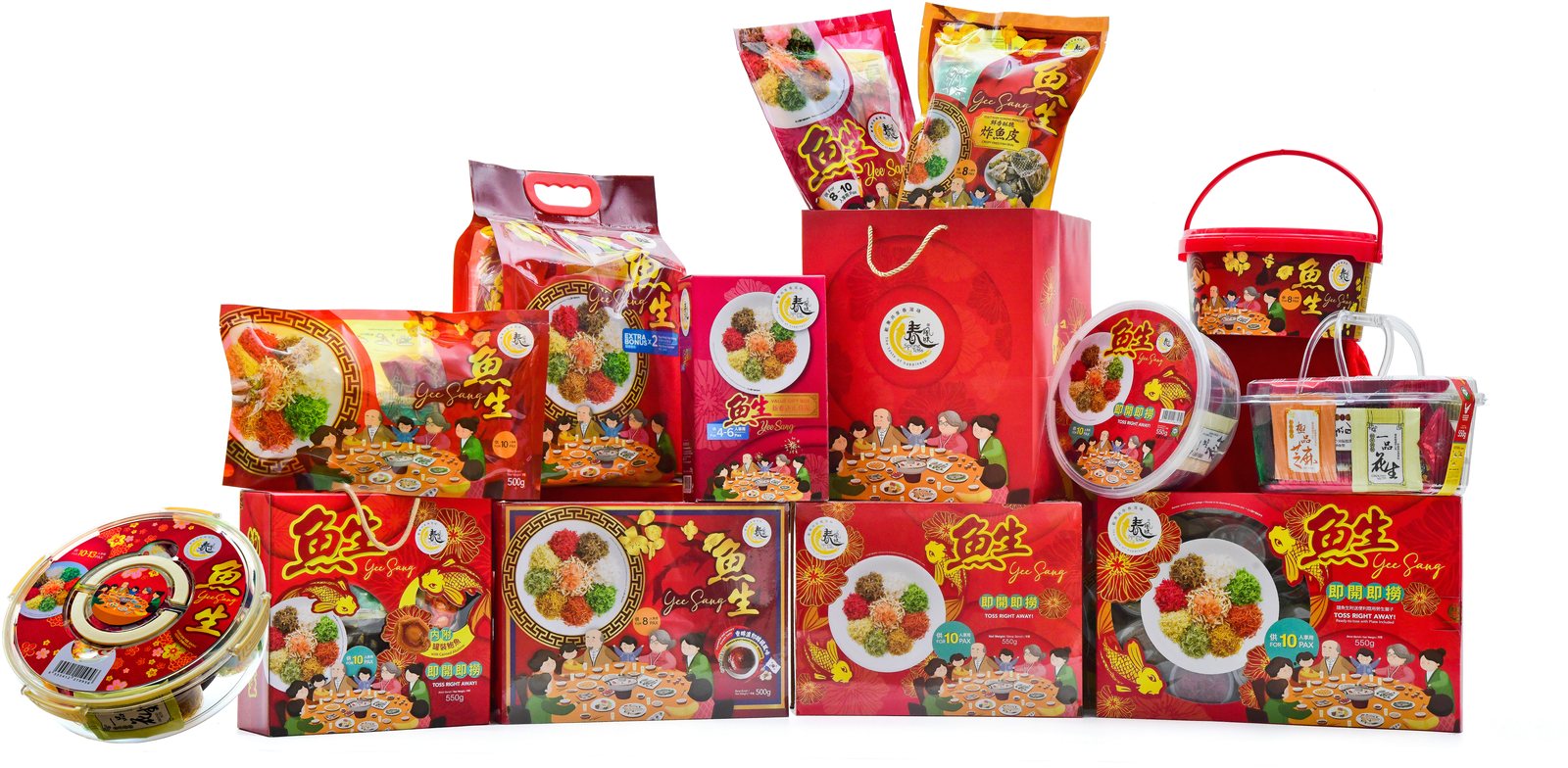 The Spring Toss range together: boxes, pouches, tubs, trays and gift bags