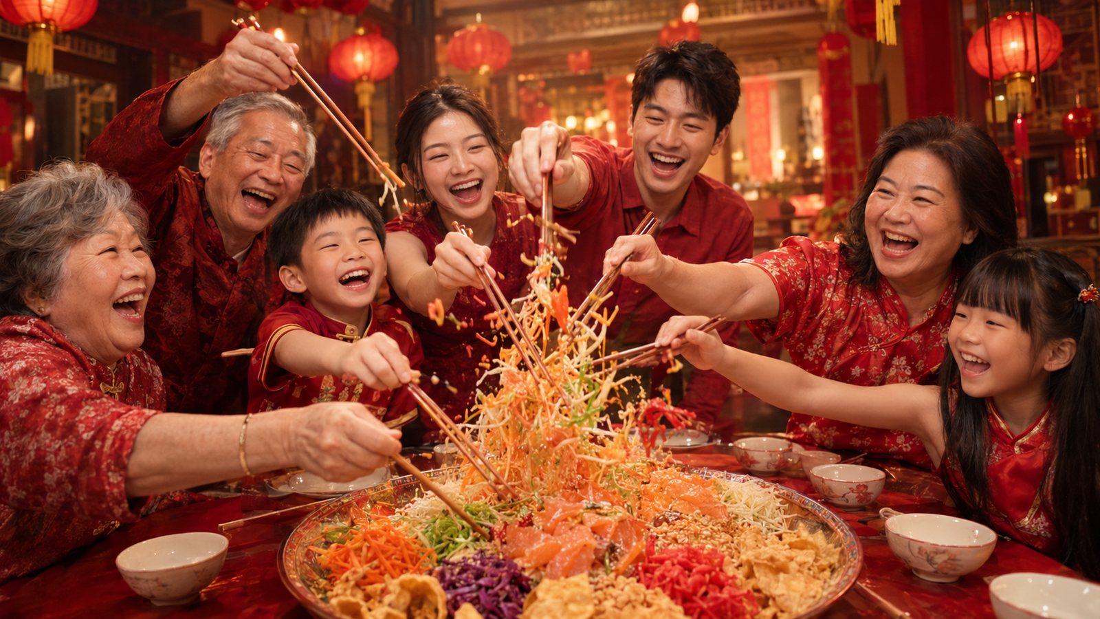 Three generations around the table, chopsticks raised together over a plate of yee sang